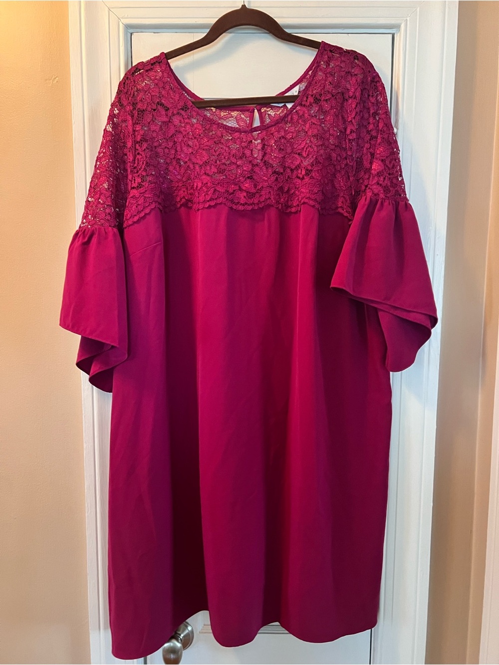 Fuchsia Lace-Yoke Bell Sleeve Dress